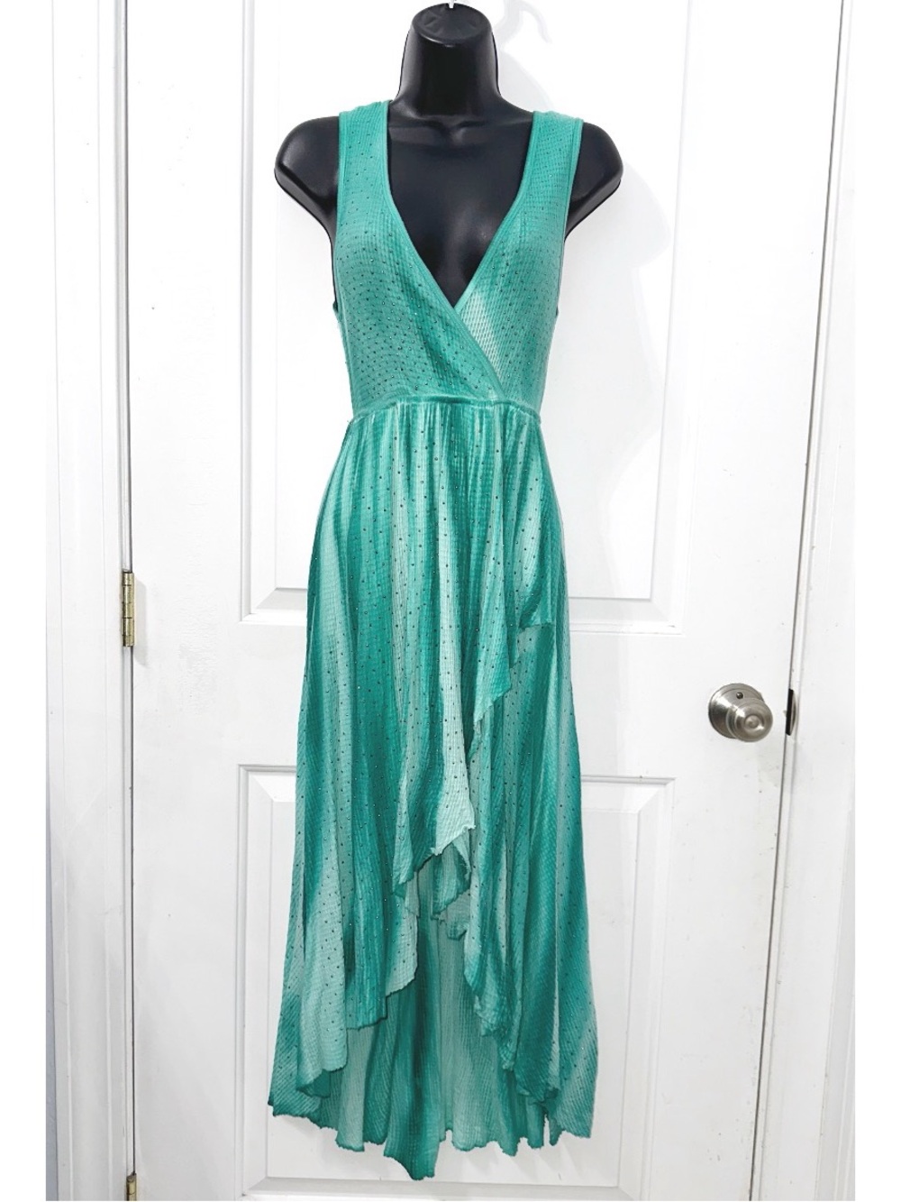 Vocal vibrant teal Rhinestone high-low faux wrap dress, size Small